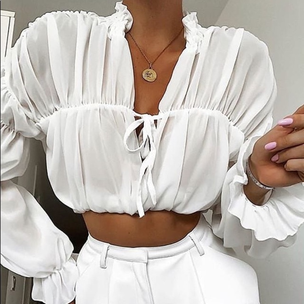 White Chiffon Versatile Balloon Sleeve Crop Top
